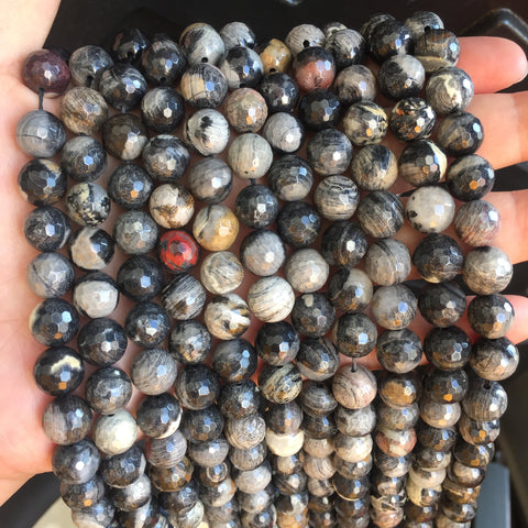 YesBeads Natural Black Silver Leaf Jasper faceted round beads wholesale gemstone jewelry making