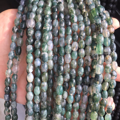 Natural moss agate green stone smooth rice drum beads loose gemstone wholesale for jewelry making bracelet necklace DIY