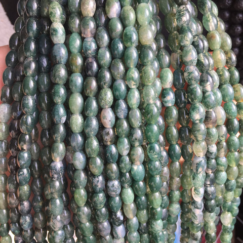 Natural moss agate green stone smooth rice drum beads loose gemstone wholesale for jewelry making bracelet necklace DIY