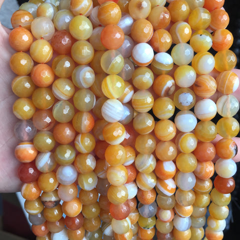 Orange Banded Agate faceted round loose beads gemstone wholesale jewelry making 15"