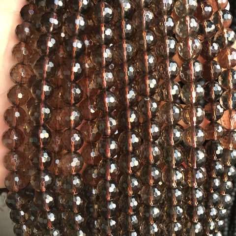 Natural Smoky Quartz faceted loose round beads gemstone wholesale for jewelry making 15''
