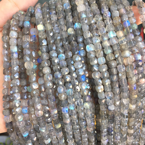 YesBeads Natural Labradorite A grade faceted cube loose beads gray gemstone wholesale jewelry 15"