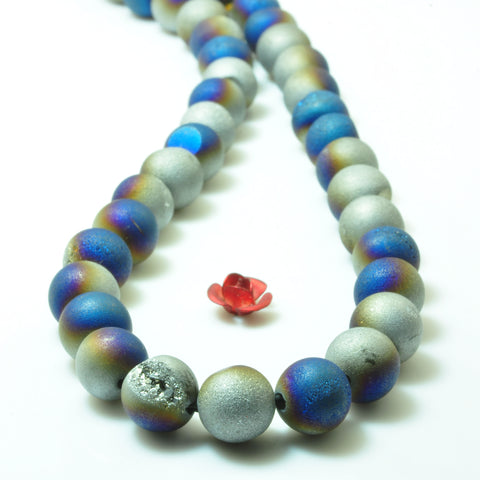 YesBeads Druzy Agate titanium coated blue silver agate matte round beads wholesale gemstone 15"