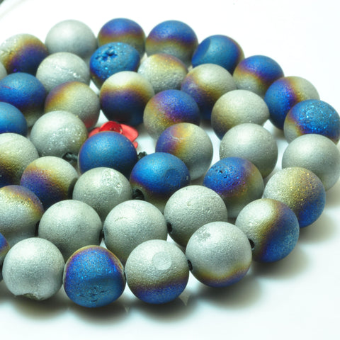 YesBeads Druzy Agate titanium coated blue silver agate matte round beads wholesale gemstone 15"