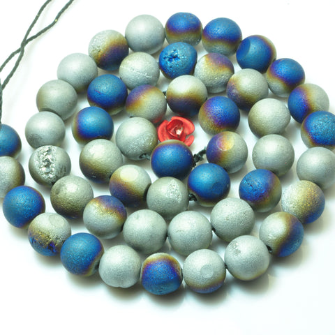 YesBeads Druzy Agate titanium coated blue silver agate matte round beads wholesale gemstone 15"