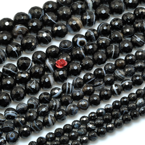 Natural Black Banded Agate faceted round beads stripe agate wholesale loose gemstone for jewelry making bracelet diy 6mm-12mm