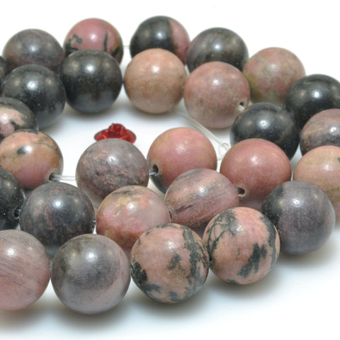 Natural Black Pink Rhodonite smooth round loose beads wholesale gemstone jewelry making 15"