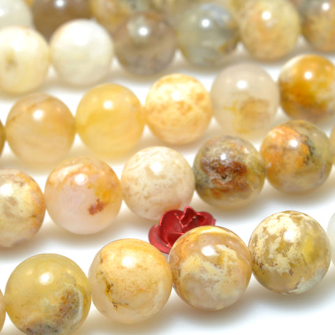Natural Regency Rose Plume Agate smooth round beads wholesale yellow gemstone jewelry making 8mm