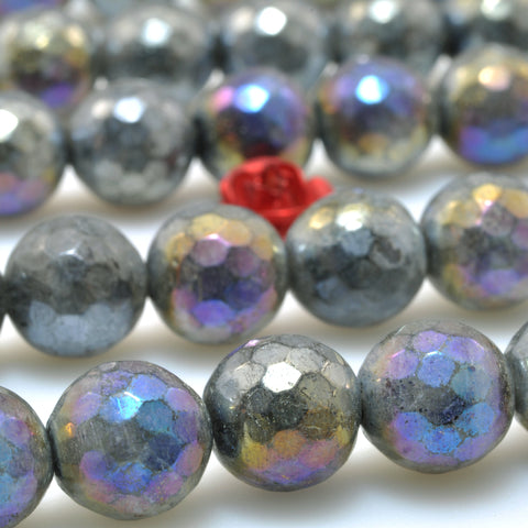 Titanium Coated Black Labradorite faceted round beads larvikite stone gesmtone wholesale jewelry 4mm-14mm