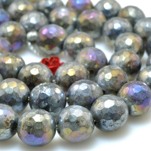 Titanium Coated Black Labradorite faceted round beads larvikite stone gesmtone wholesale jewelry 4mm-14mm