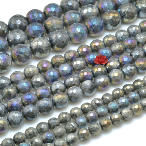 Titanium Coated Black Labradorite faceted round beads larvikite stone gesmtone wholesale jewelry 4mm-14mm