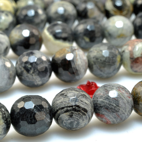YesBeads Natural Black Silver Leaf Jasper faceted round beads wholesale gemstone jewelry making