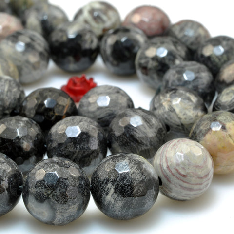 YesBeads Natural Black Silver Leaf Jasper faceted round beads wholesale gemstone jewelry making