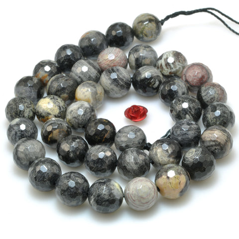 YesBeads Natural Black Silver Leaf Jasper faceted round beads wholesale gemstone jewelry making