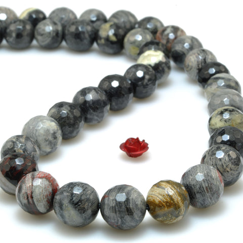 YesBeads Natural Black Silver Leaf Jasper faceted round beads wholesale gemstone jewelry making