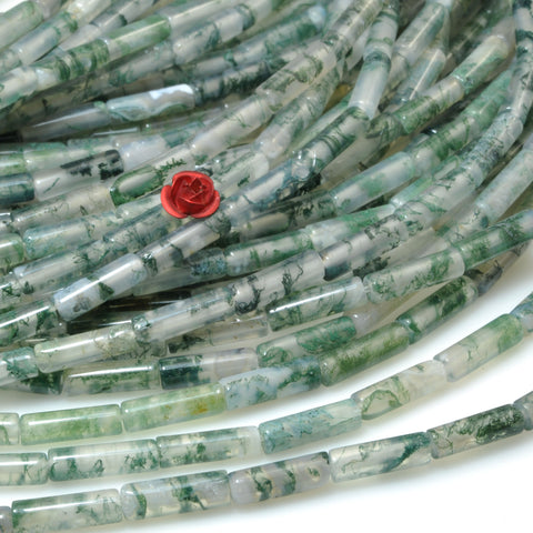 YesBeads Natural Green Moss Agate AA grade smooth tube cylinder beads gemstone wholesale jewelry making 15"