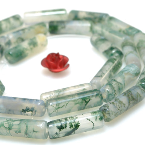 YesBeads Natural Green Moss Agate AA grade smooth tube cylinder beads gemstone wholesale jewelry making 15"