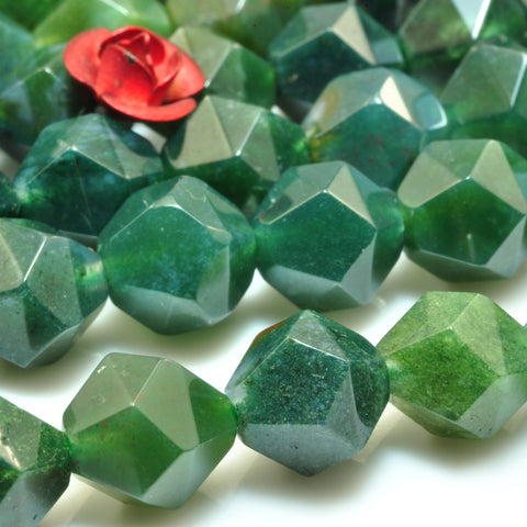Natural Green Moss Agate star cut faceted nugget beads gemstone 8mm 15"