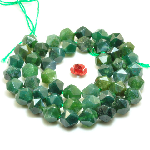 Natural Green Moss Agate star cut faceted nugget beads gemstone 8mm 15"