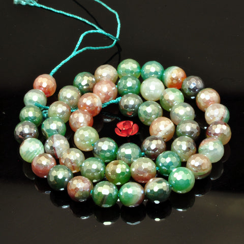 Green Banded Agate Titanium Coated Faceted Round Loose Beads Wholesale Gemstone Peacock Green Stone for Jewelry Making Bracelets