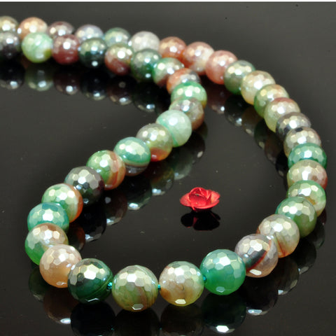 Green Banded Agate Titanium Coated Faceted Round Loose Beads Wholesale Gemstone Peacock Green Stone for Jewelry Making Bracelets