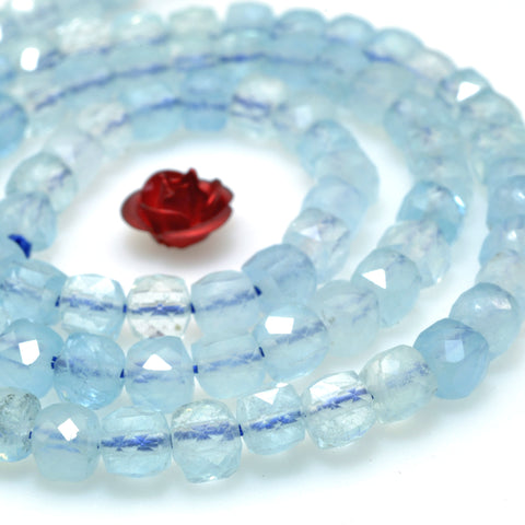 Natural Aquamarine gemstone A grade faceted cube loose beads wholesale jewelry making 4mm 15"