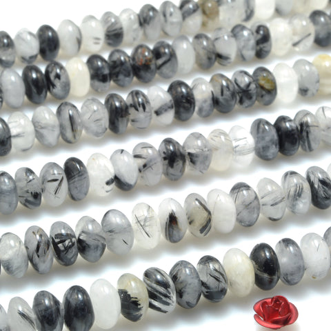 Natural Black Rutilated Quartz smooth rondelle beads loose gemstones wholesale for jewelry making diy bracelet necklace