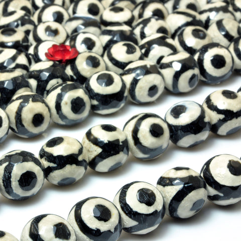 Black Tibetan Agate Dzi three-eyes faceted round beads wholesale loose gemstone for jewelry making DIY
