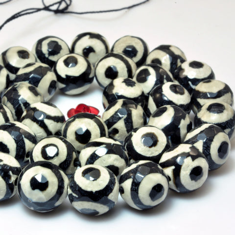 Black Tibetan Agate Dzi three-eyes faceted round beads wholesale loose gemstone for jewelry making DIY