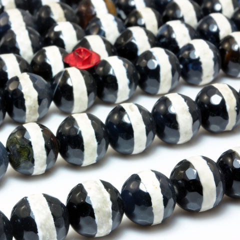 Retro Black Tibetan Agate OneLine Dzi faceted round beads wholesale gemstone jewelry 15"