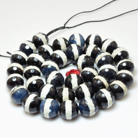 Retro Black Tibetan Agate OneLine Dzi faceted round beads wholesale gemstone jewelry 15"