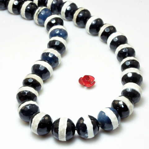 Retro Black Tibetan Agate OneLine Dzi faceted round beads wholesale gemstone jewelry 15"