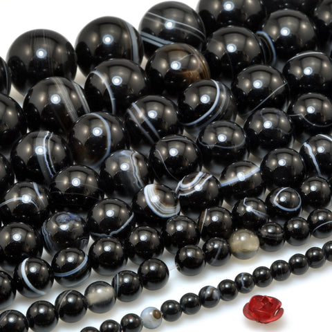 Black Banded Agate smooth round loose beads striped agate stone wholesale gemstone jewelry making diy bracelet