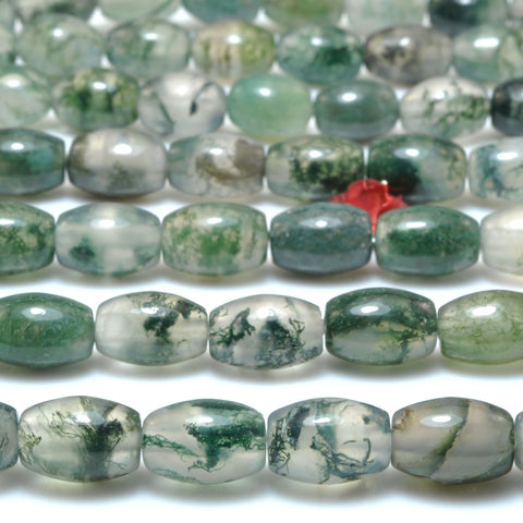 Natural moss agate green stone smooth rice drum beads loose gemstone wholesale for jewelry making bracelet necklace DIY