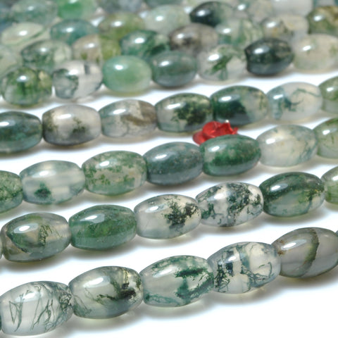 Natural moss agate green stone smooth rice drum beads loose gemstone wholesale for jewelry making bracelet necklace DIY
