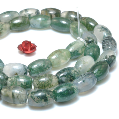 Natural moss agate green stone smooth rice drum beads loose gemstone wholesale for jewelry making bracelet necklace DIY