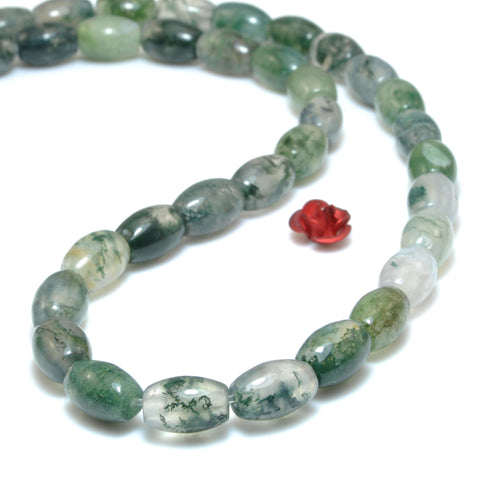 Natural moss agate green stone smooth rice drum beads loose gemstone wholesale for jewelry making bracelet necklace DIY