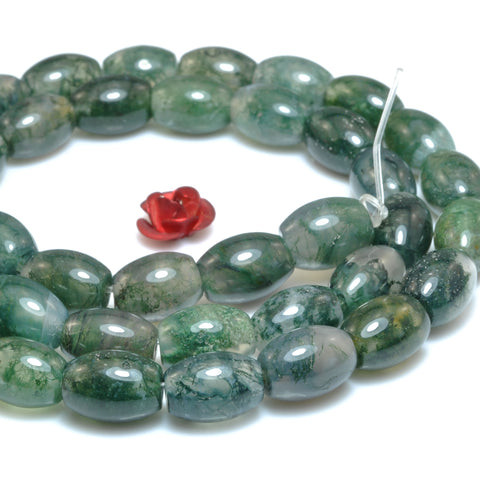 Natural moss agate green stone smooth rice drum beads loose gemstone wholesale for jewelry making bracelet necklace DIY