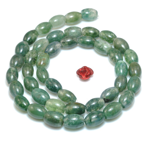 Natural moss agate green stone smooth rice drum beads loose gemstone wholesale for jewelry making bracelet necklace DIY