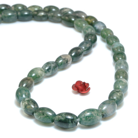 Natural moss agate green stone smooth rice drum beads loose gemstone wholesale for jewelry making bracelet necklace DIY