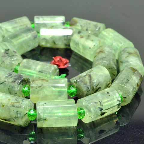 YesBeads Natural Green Prehnite faceted tube beads gemstone 10x14mm 15"