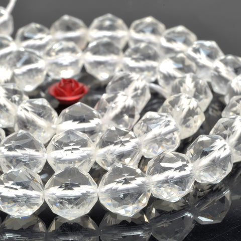 YesBeads Natural Rock Crystal AA grade diamond faceted round beads gemstone 8mm 15"