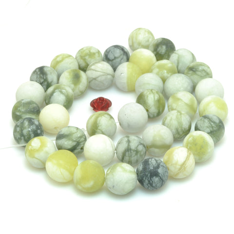 Nautral Green Flower Jade matte round loose beads gemstone wholesale jewelry making