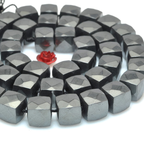 YesBeads Gray Hematite stone faceted square cube beads gemstone 8mm 15"