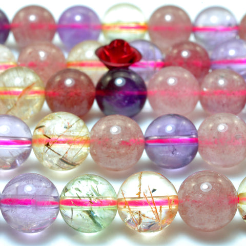 YesBeads Natural Rainbow Rutilated Quartz smooth round beads mix Amethyst Strawberry Quartz gemstone wholesale 15"