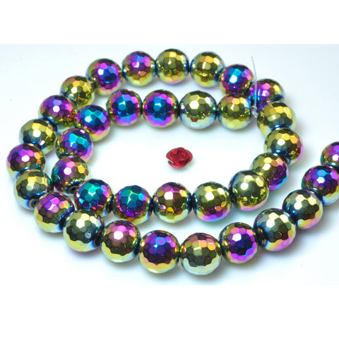 YesBeads Rainbow Hematite titanium coated faceted round beads gemstone wholesale 15"