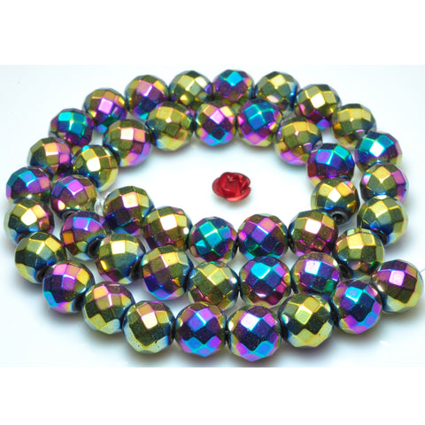YesBeads Rainbow Hematite titanium coated faceted round beads gemstone wholesale 15" 64Faces