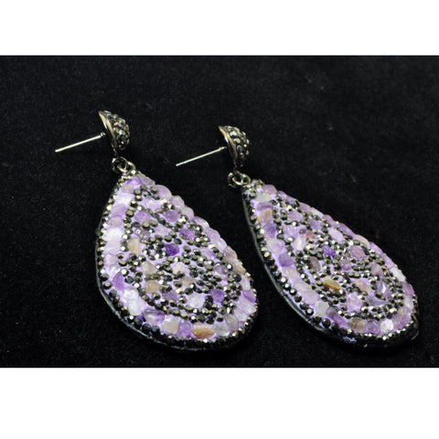 YesBeads Earrings Amethyst chips beads paved CZ rhinestone crystal stud dangle earrings drop shape whoelesale jewelry
