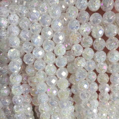 YesBeads Titanium snow clear quartz crackle rock crystal faceted round beads gemstone wholesale jewelry making 15"