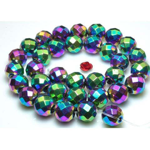 YesBeads Rainbow Hematite titanium coated faceted round beads gemstone wholesale 15" 64Faces